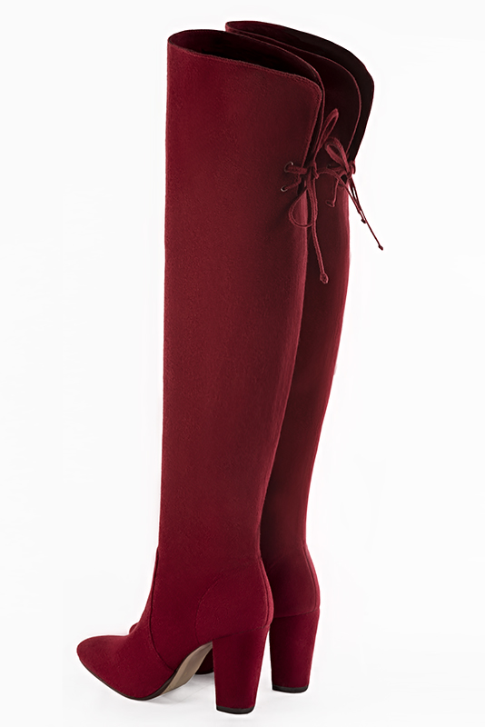 Burgundy red women's leather thigh-high boots. Round toe. High block heels. Made to measure. Rear view - Florence KOOIJMAN